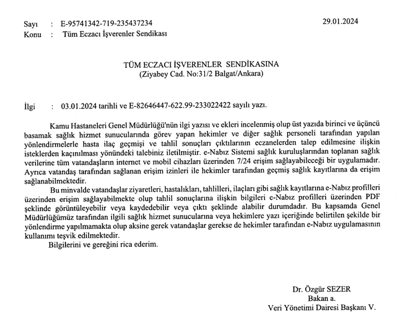 Talep Edilen Hasta İlaç Geçmişi ve Tahlil Sonuçları Dökümleri Duyurusu