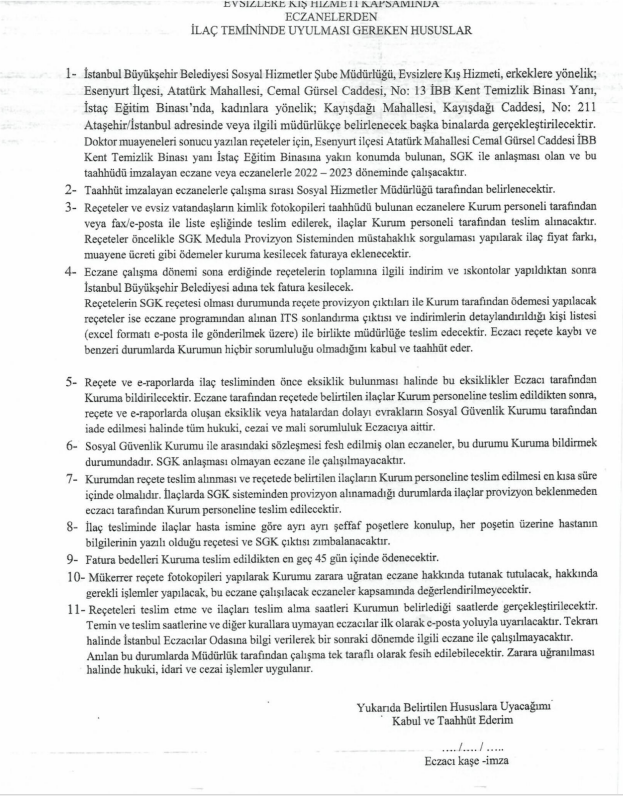 İBB Evsizlere Kış Hizmeti Kapsamında Esenyurt Bölgesindeki Eczanelerle Sözleşme Yapacak
